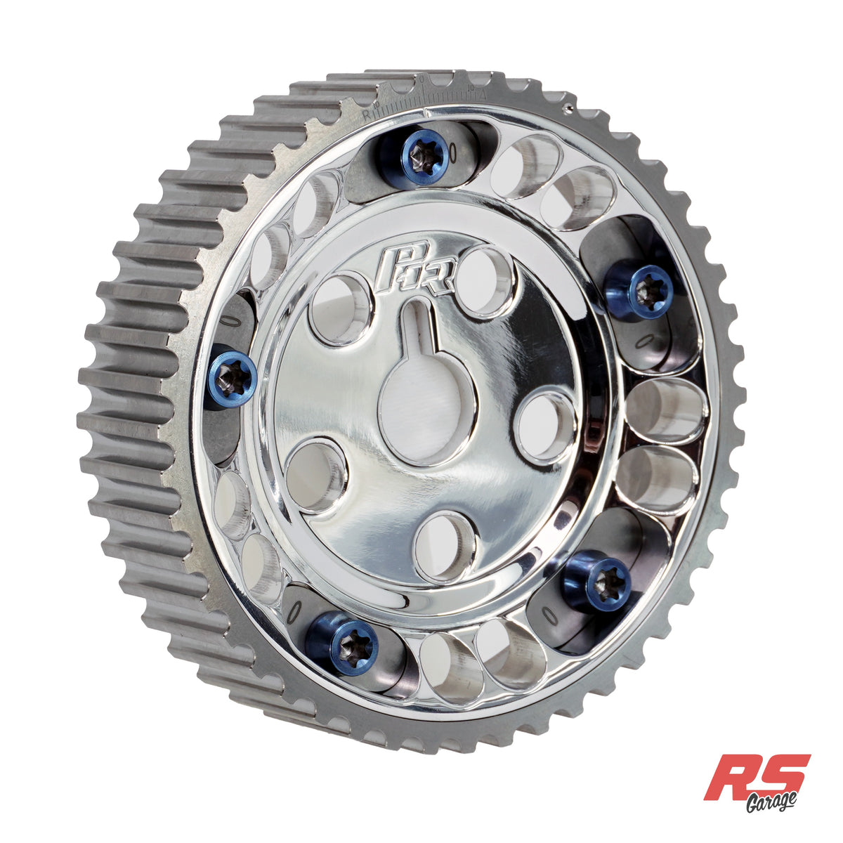 PHR Billet Titanium or Aluminum Adjustable Locking Cam Gear Builder for 2JZ/1JZ Engines - Polished Aluminum Inner, Machined Titanium Outer, Stainless "0" Degree Locks, Blue Titanium Hardware