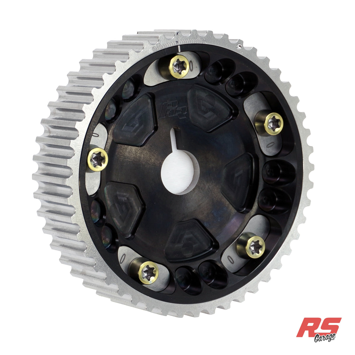 PHR Billet Titanium or Aluminum Adjustable Locking Cam Gear Builder for 2JZ/1JZ Engines - Black Titanium Inner, Machined Titanium Outer, Titanium "0" Degree Locks, Yellow Titanium Hardware