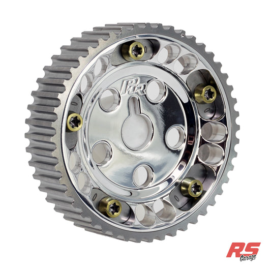 PHR Billet Titanium or Aluminum Adjustable Locking Cam Gear Builder for 2JZ/1JZ Engines - Polished Aluminum Inner, Machined Titanium Outer, Stainless "0" Degree Locks, Yellow Titanium Hardware
