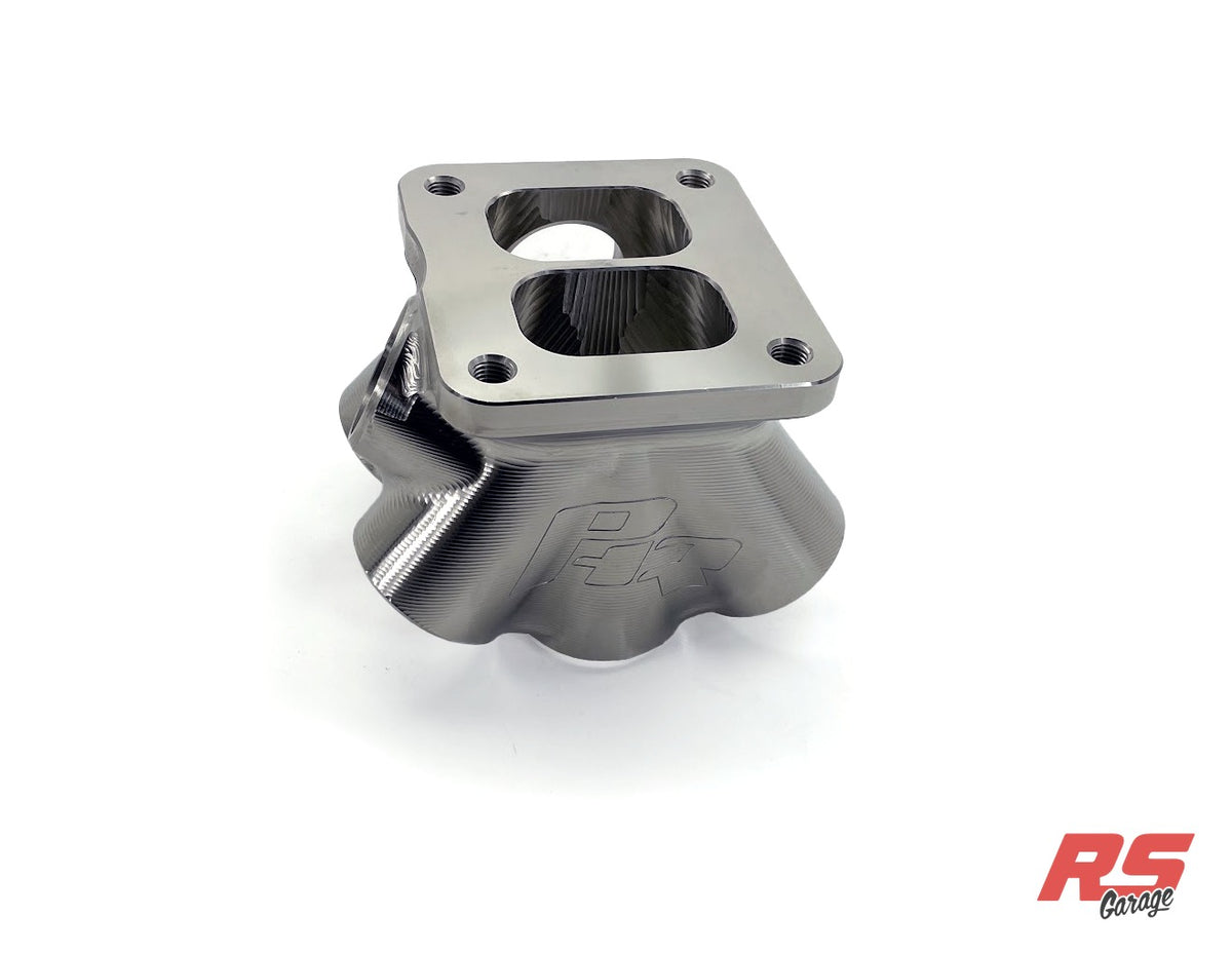 Collector, 304 Stainless Steel, Billet Machined, T4 Flange, Twin Scroll 6 Inlets,1.5" SCH10 Inlets (1.68 "ID), Dual WG Outlet (1.44"ID). This collector is used in the S45 Manifold.