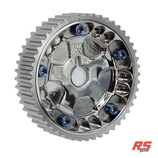 PHR Billet Titanium or Aluminum Adjustable Locking Cam Gear Builder for 2JZ/1JZ Engines - Polished Titanium Inner, Machined Titanium Outer, Stainless "0" Degree Locks, Blue Titanium Hardware