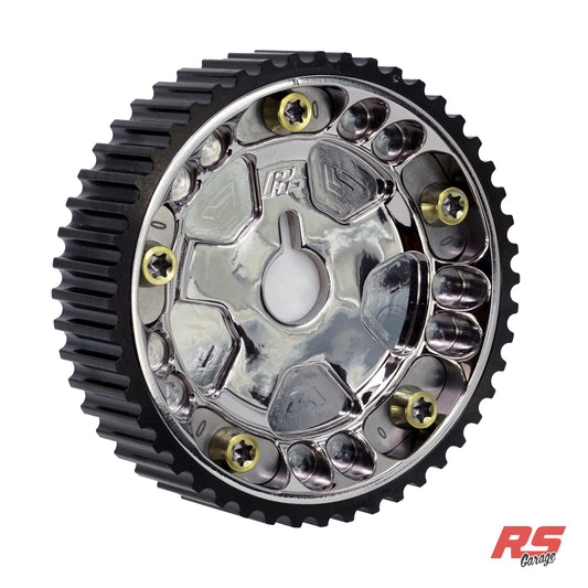 PHR Billet Titanium or Aluminum Adjustable Locking Cam Gear Builder for 2JZ/1JZ Engines - Polished Titanium Inner, Black Anodized Aluminum Outer, Stainless "0" Degree Locks, Yellow Titanium Hardware