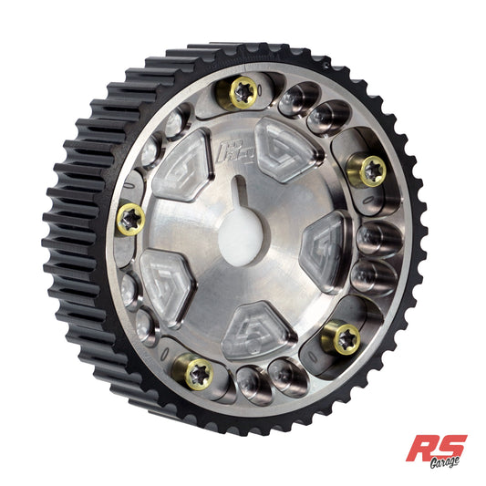 PHR Billet Titanium or Aluminum Adjustable Locking Cam Gear Builder for 2JZ/1JZ Engines - Machined Titanium Inner, Black Titanium Outer, Stainless "0" Degree Locks, Yellow Titanium Hardware