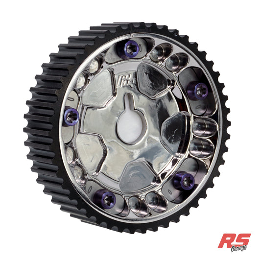 PHR Billet Titanium or Aluminum Adjustable Locking Cam Gear Builder for 2JZ/1JZ Engines - Polished Titanium Inner, Black Anodized Aluminum Outer, Titanium "0" Degree Locks, Purple Titanium Hardware