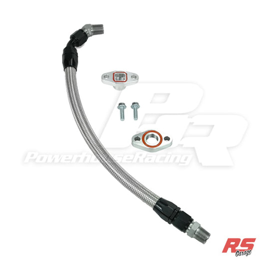 PHR Turbo Oil Drain Kit for RHD Supra -Stainless braided line with black hose ends - Clears RHD Steering Column - Work - Stainless braided with Black hose ends