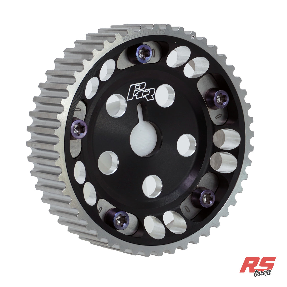 PHR Billet Titanium or Aluminum Adjustable Locking Cam Gear Builder for 2JZ/1JZ Engines - Black Anodized Aluminum Inner, Machined Titanium Outer, Titanium "0" Degree Locks, Purple Titanium Hardware