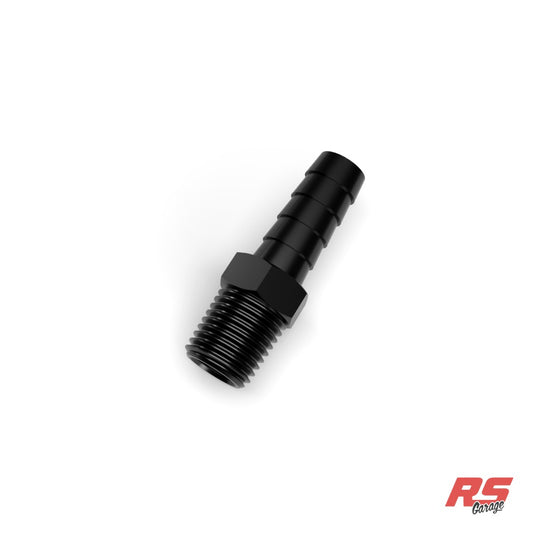 1/4 NPT male to 3/8 hose barb, Staight, Aluminum, Anodized Black