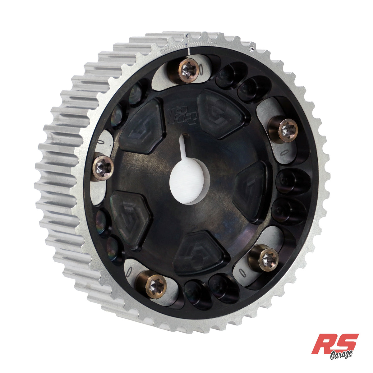 PHR Billet Titanium or Aluminum Adjustable Locking Cam Gear Builder for 2JZ/1JZ Engines - Black Titanium Inner, Machined Titanium Outer, Titanium "0" Degree Locks, Bronze Titanium Hardware