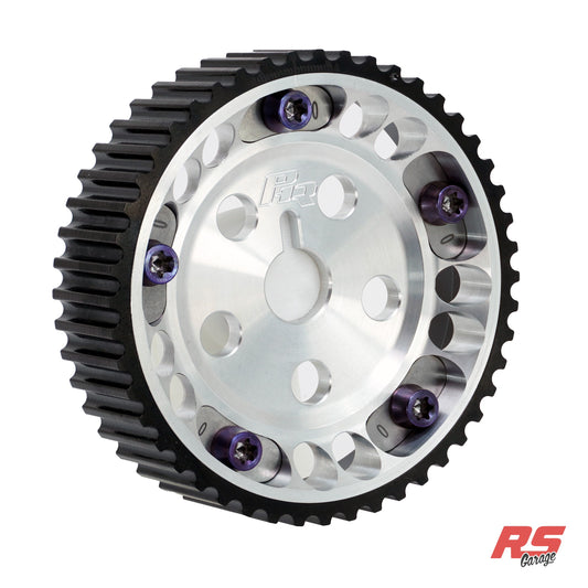 PHR Billet Titanium or Aluminum Adjustable Locking Cam Gear Builder for 2JZ/1JZ Engines - Machined Aluminum Inner, Black Titanium Outer, Titanium "0" Degree Locks, Purple Titanium Hardware