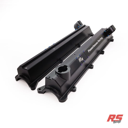 PHR Flex Billet Valve Covers for 2JZ, non-VVT-i - Black Anodized, Machined Finish, "Powerhouse Racing", 2 Block-Off Plates, Black Anodized, "PHR" Logo, Add Breather Manifolds (Set of two), Black Anodized, True Burned Titanium, True Burned Titanium